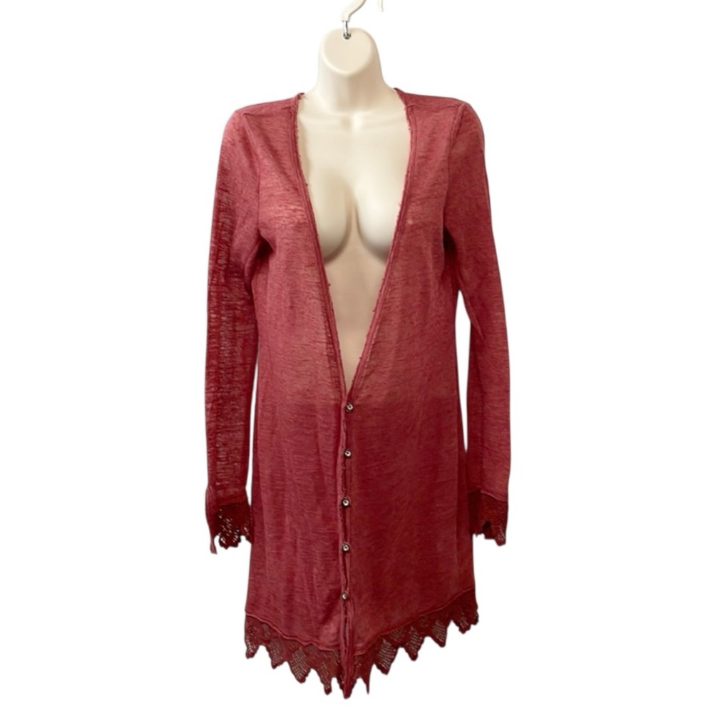 Free People Med Linen Blend Button Slubby Knit Crochet Lightweight‎ Cardigan